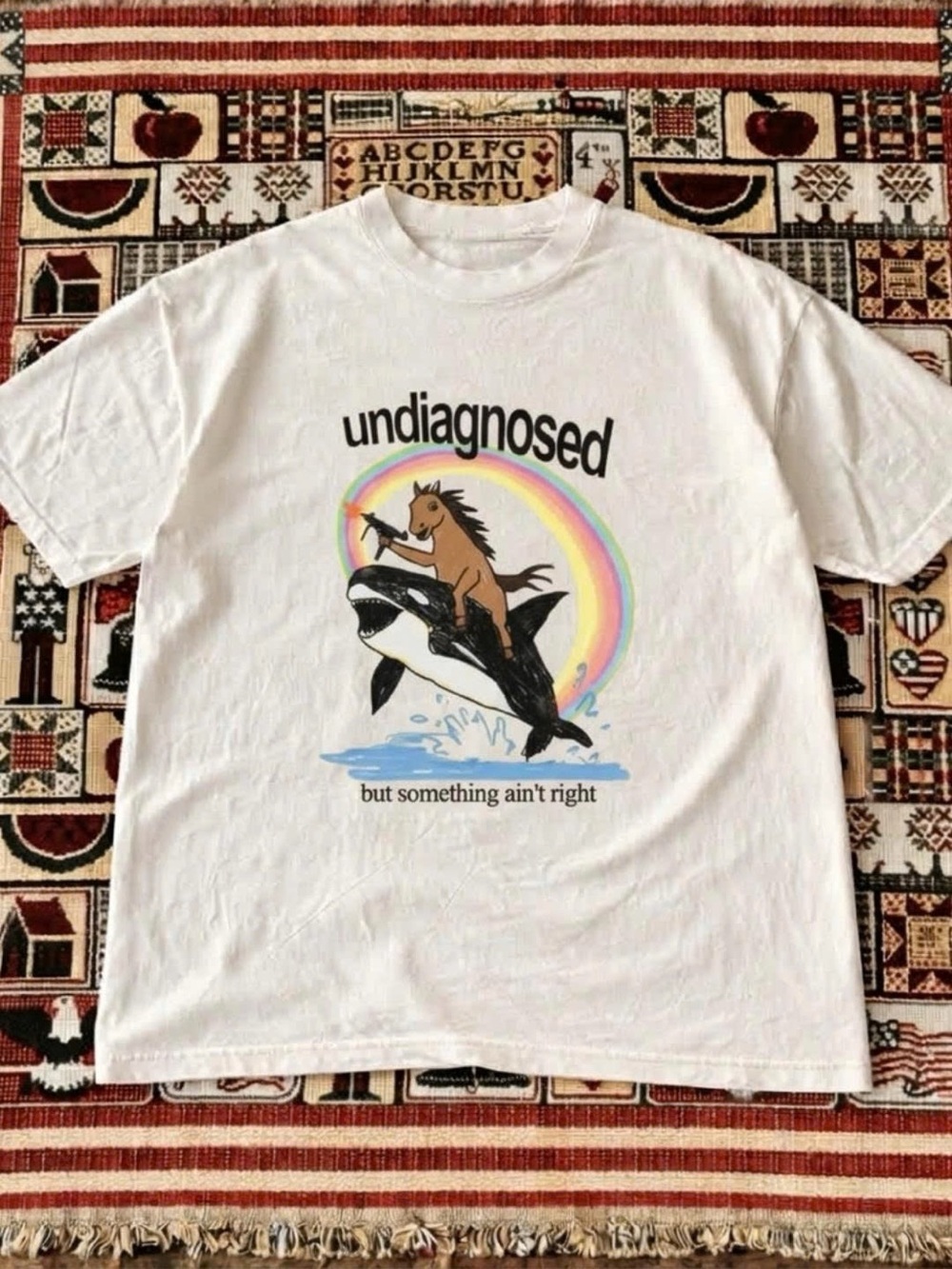 Undiagnosed White Graphic Mens Swim T-Shirt with Horse & Whale